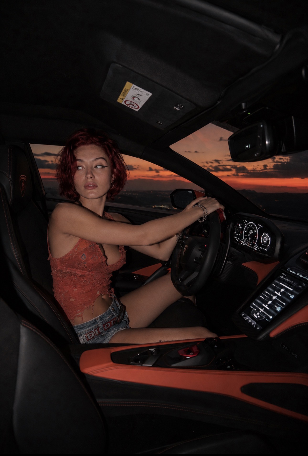 Alice Kwong inside a luxury sports car at sunset