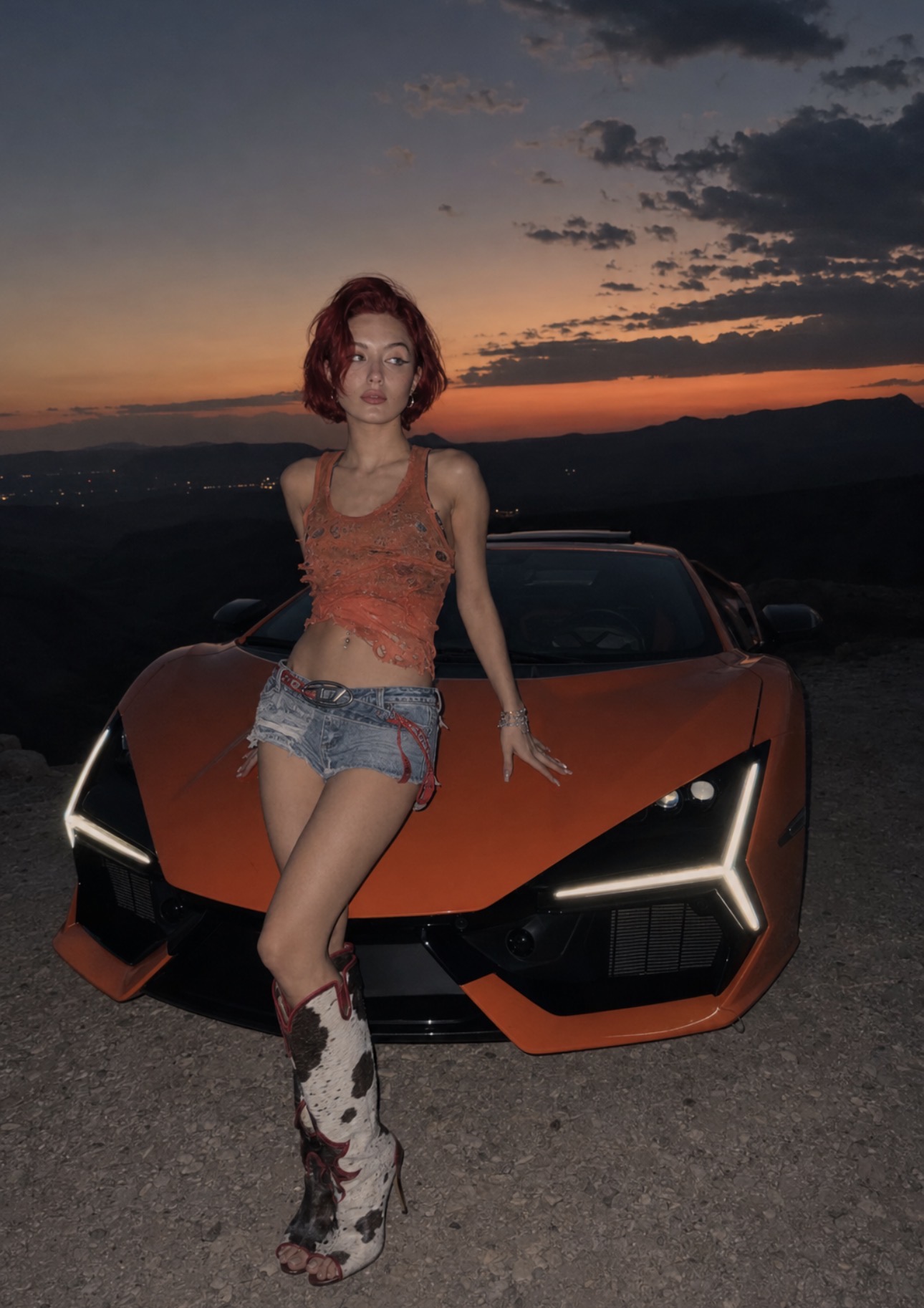Alice Kwong leaning against an orange sports car at sunset