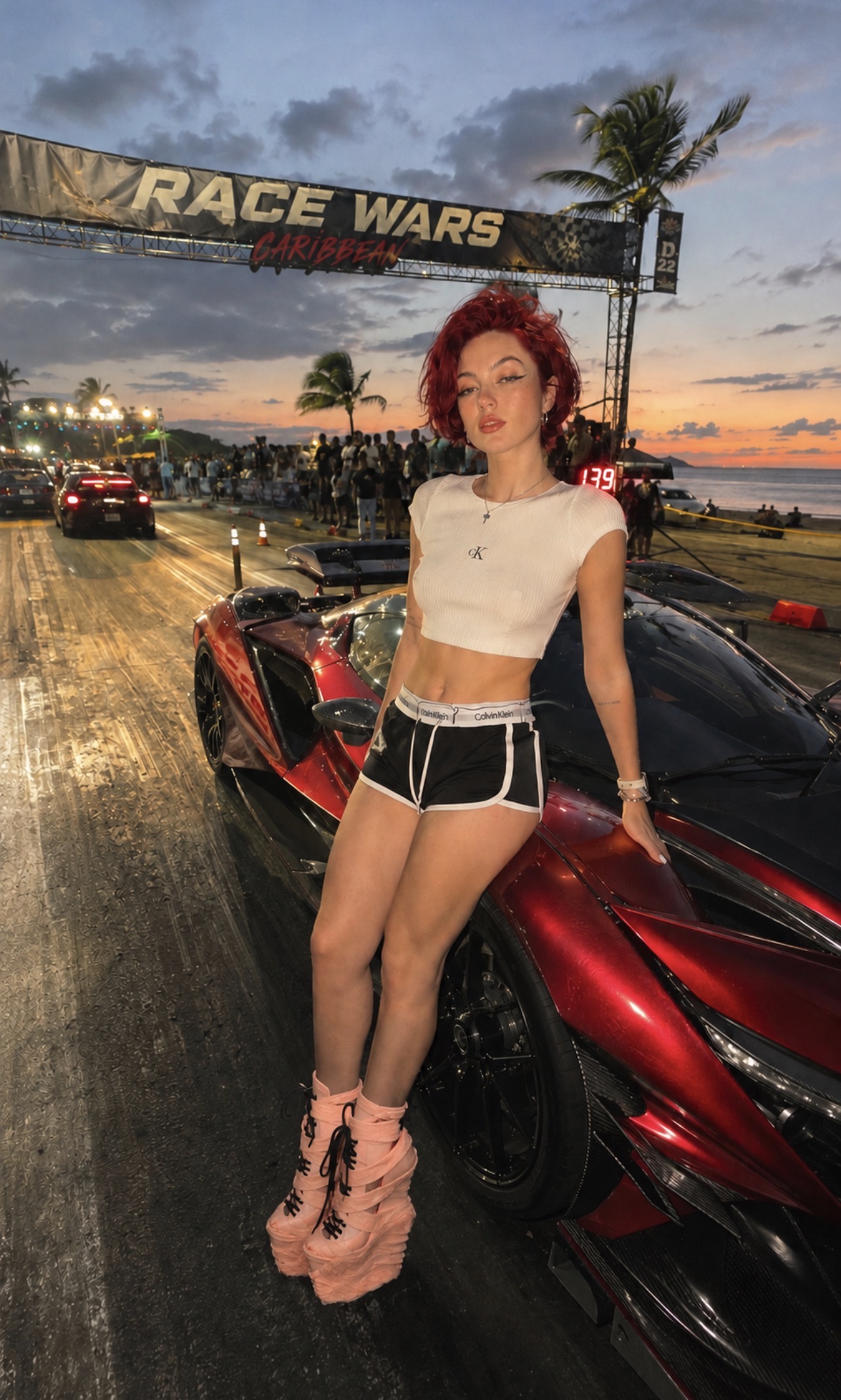 Alice Kwong at Race Wars beside a red supercar