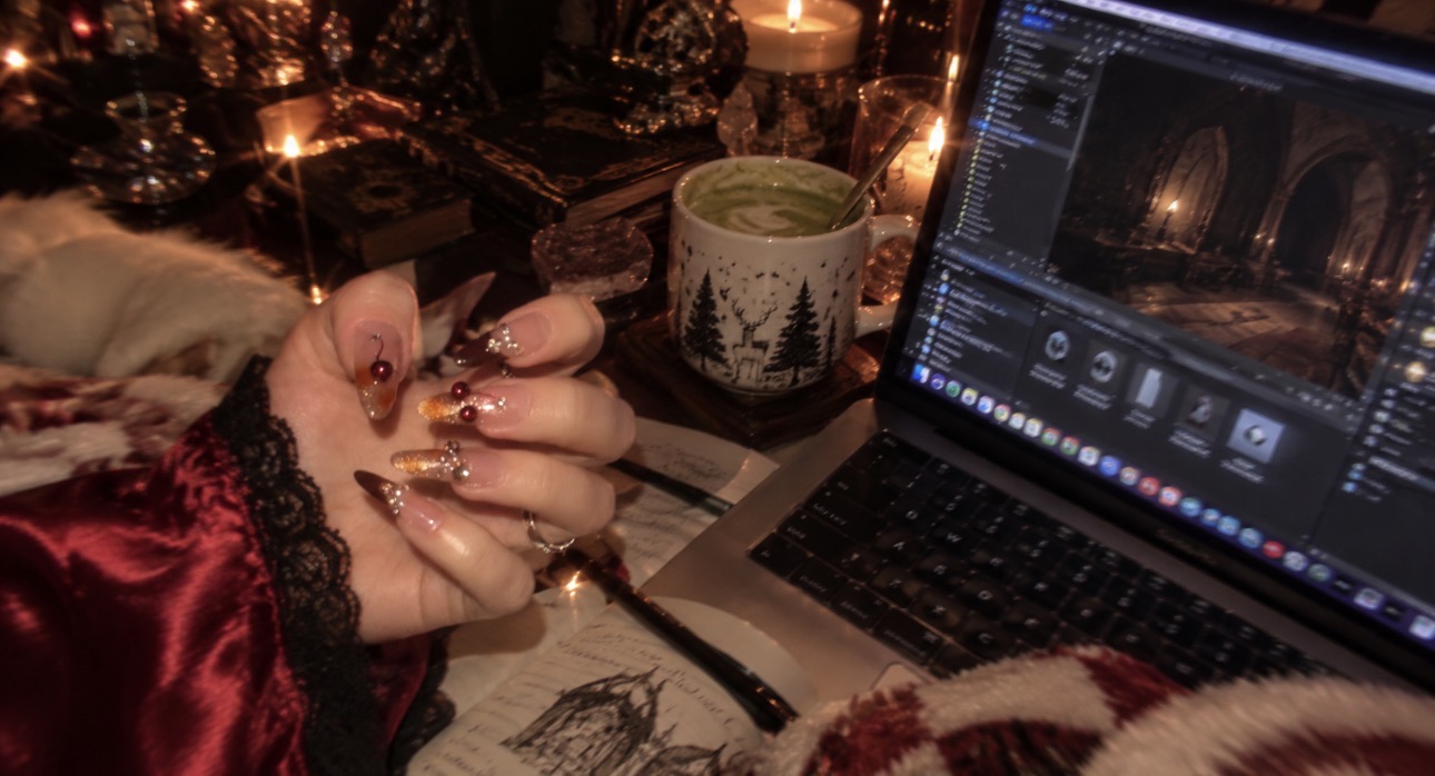 Alice Kwong's game-development workspace with a scene open on her laptop