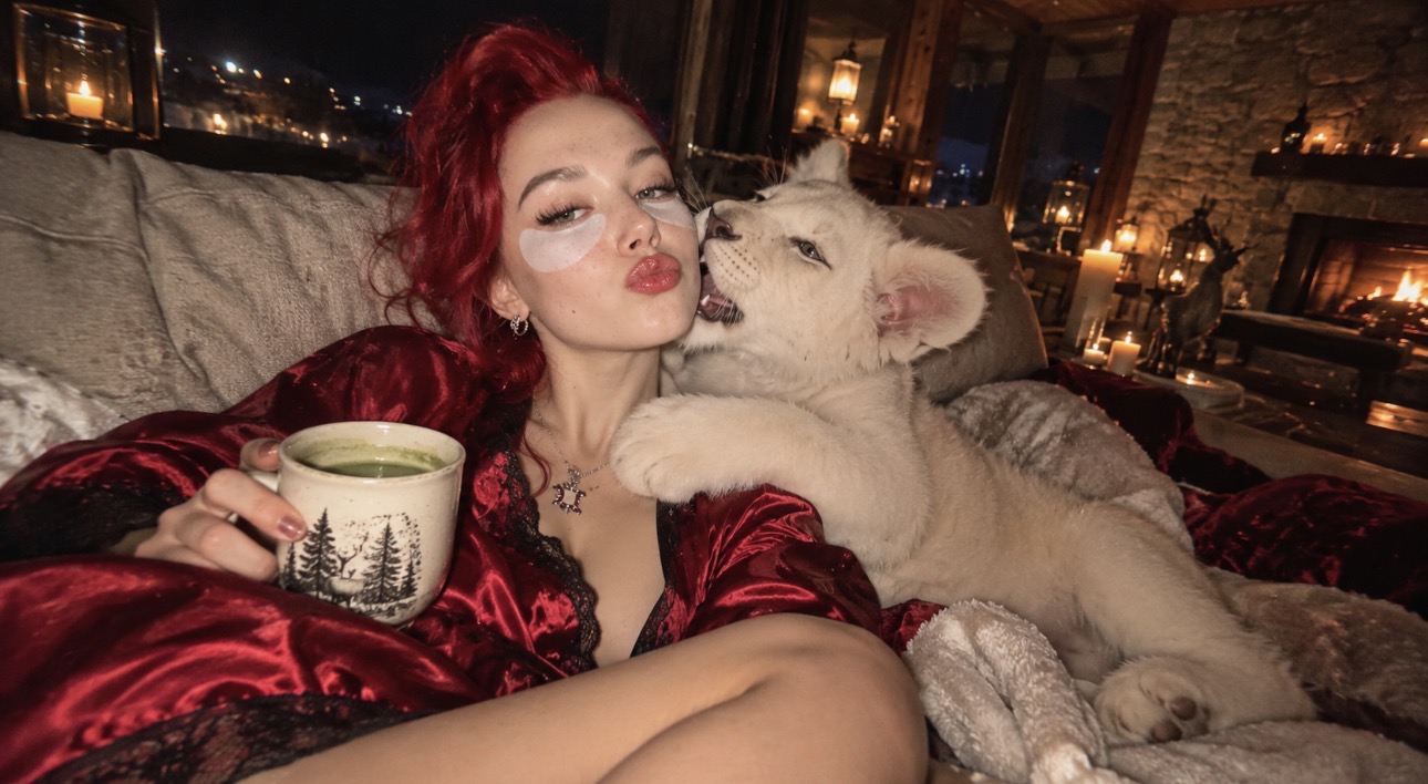 Alice Kwong relaxing with a matcha and a white lion cub