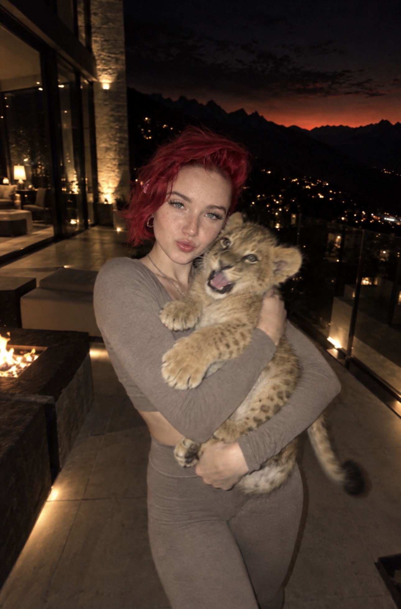 Alice Kwong holding a lion cub on a terrace at night