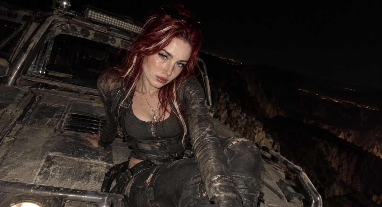 Alice Kwong sitting on an off-road car in a dark rocky setting
