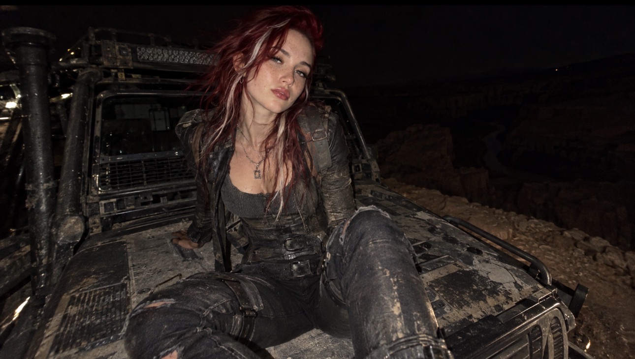 Alice Kwong in a cinematic night portrait on an off-road car