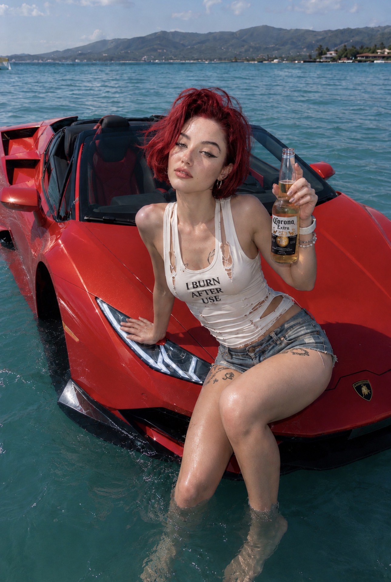 Alice Kwong on a red sports car over bright blue water